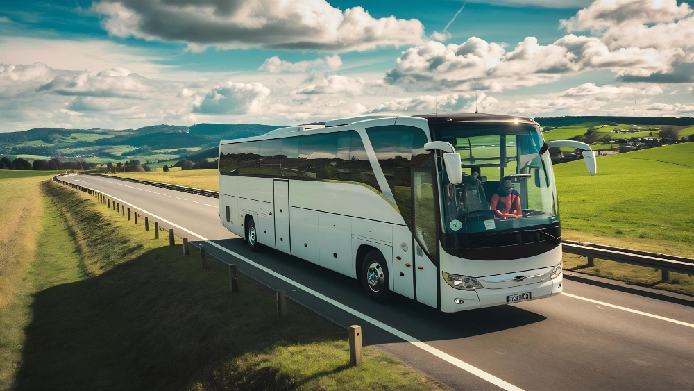 Autocar de tourisme Bonvoyageo sur une route de campagne