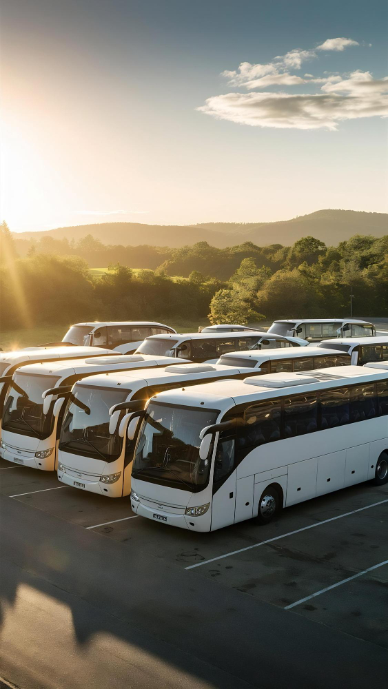 Flotte d'autocars de tourisme, lumière du soir